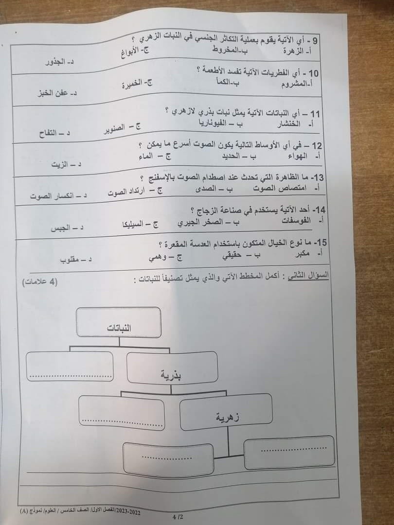 NDc4NDAyMC43MzU2 بالصور امتحان نهائي لمادة العلوم للصف الخامس الفصل الاول 2022 نموذج A وكالة